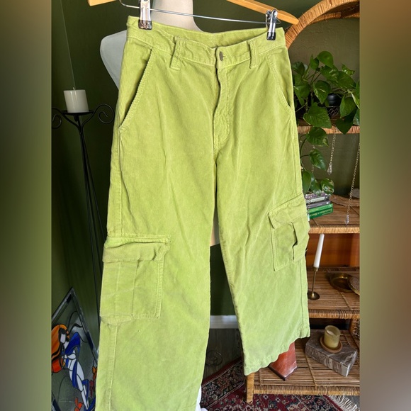 J Galt Lime Green Corduroy Cargo High Waisted Wide Leg Y2K Pants - Picture 2 of 4